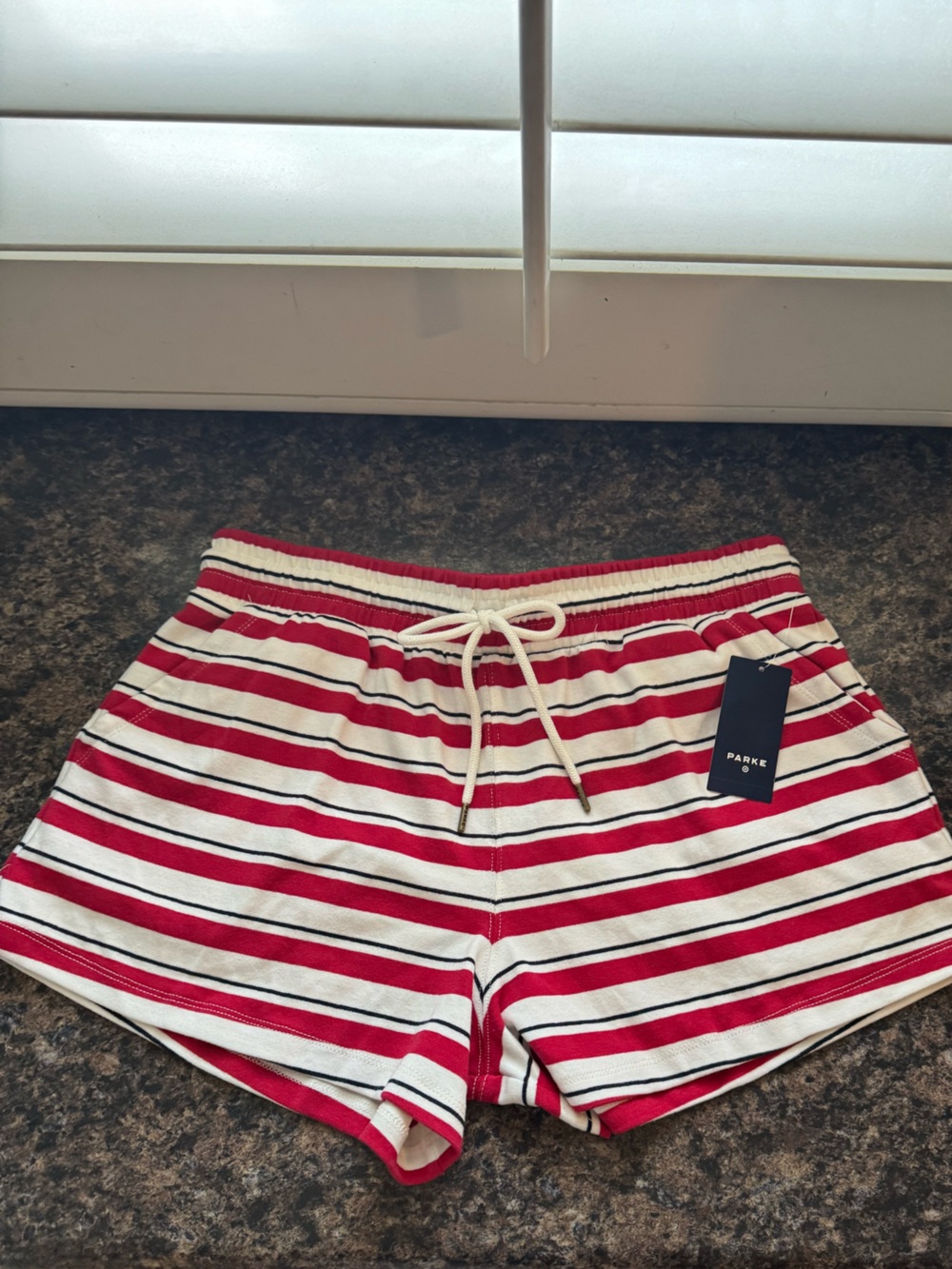 Parke x Target Women’s High Rise Drawstring Knit Pull-On Shorts Red/Navy Striped